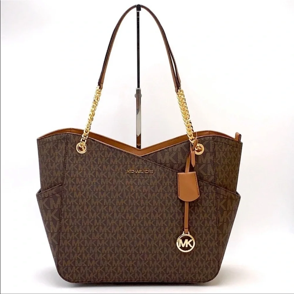 MICHAEL KORS LARGE X CHAIN LOGO SHOULDER BAG BROWN